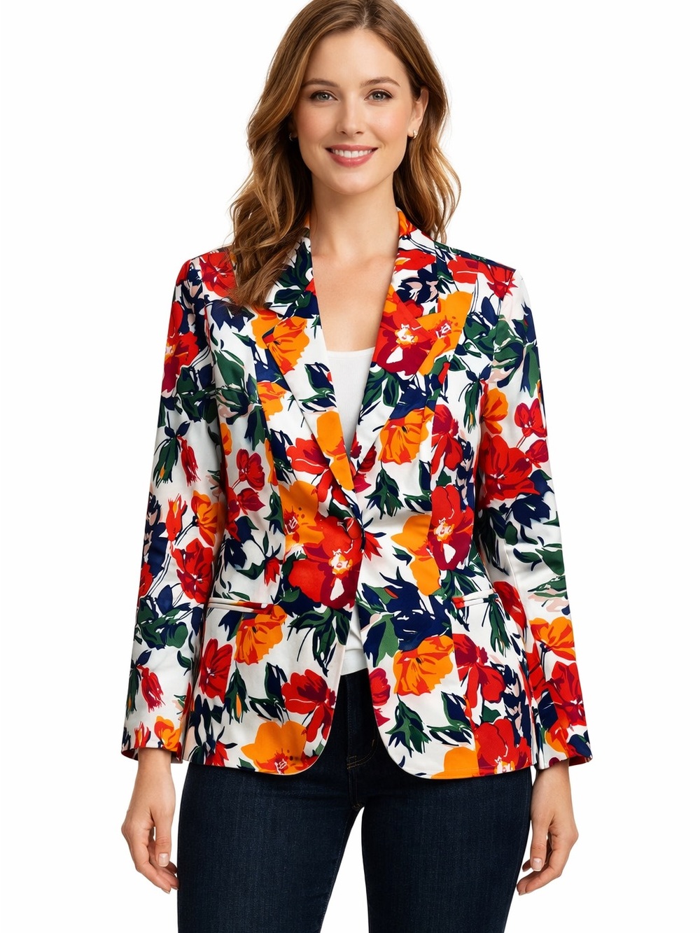 Oscar de la Renta White Multi Floral Notch Lapel Single Breasted Cotton Blazer